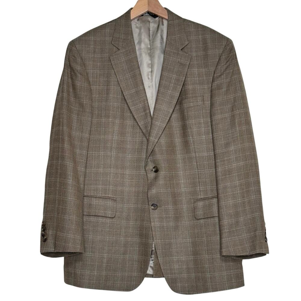 Jos. A. Bank Men’s 42R Blazer Sports Jacket Light Brown Plaid 52% Silk 48%‎ wool